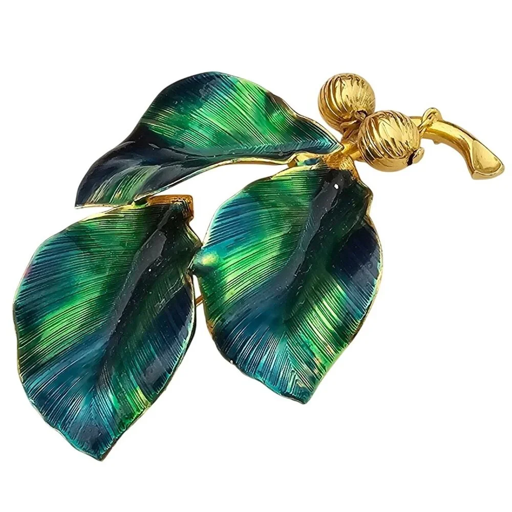 Blue Green Vintage Leaves Brooch Brass Bead Enamel Wired Leaf Pin J319